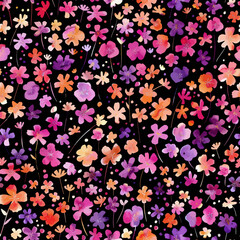 Cute small, delicate pink, purple, and orange flowers 
 watercolor seamless pattern. Watercolor print in rustic vintage style, textile or wallpapers.