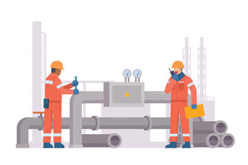 Oil and Gas Industry Workers Maintaining and Repairing Pipelines. Fully Editable Elements, Easy to Customize