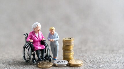 Elderly care cost senior woman in wheelchair with caregiver, coins.  Medical insurance concept