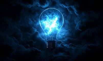 Glowing lightbulb in stormy clouds, idea, innovation, electricity concept