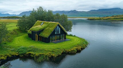 Secluded Icelandic Lakeside Cottage with Grass Roof