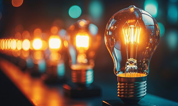Glowing lightbulb in row, illuminated background, ideal for innovation, creativity concepts