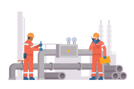 Oil and Gas Industry Workers Maintaining and Repairing Pipelines. Fully Editable Elements, Easy to Customize