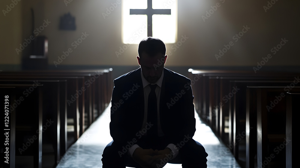 Aufkleber Man in Deep Reflection Kneeling in Church Bench with Sunlight Streaming Through Cross-Shaped Window : Generative AI