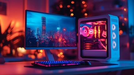 Obraz premium Stylish RGB Gaming Setup with Desktop PC and Vibrant Cityscape Monitor Display
