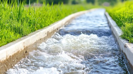Irrigation canal water flowing, farmland background, agriculture