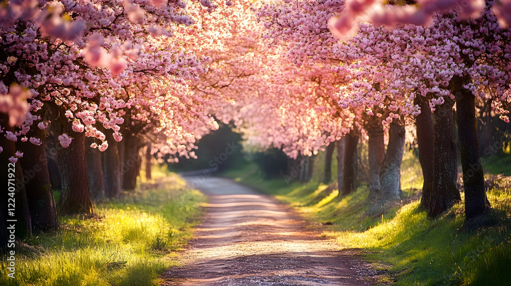 Poster Enchanting Cherry Blossom Pathway Illuminated by Gentle Sunlight in Springtime : Generative AI