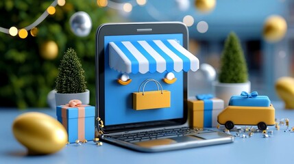 E-commerce shopping experience online marketplace digital illustration festive atmosphere close-up view engaging concept for online retail impact