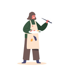 Little Girl In Apron Painting With Paints And Paintbrush. Child Character Draw In Artist Studio Or Art School Workshop