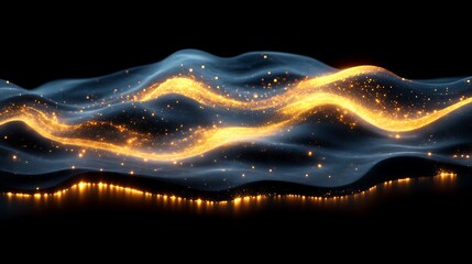 Golden Particles Flowing Across Dark Wavy Surface
