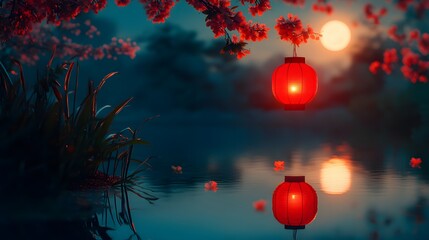 Fototapeta premium Vibrant sunset over a tranquil lake, colorful reflections in water, serene nature scene ideal for relaxation themes.
