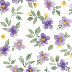 Cute purple and yellow flowers with green leaves, 
 watercolor seamless pattern. Watercolor print in rustic vintage style, textile or wallpapers.