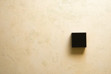 Minimalist black square object on textured beige wall, creating a modern aesthetic for interior design
