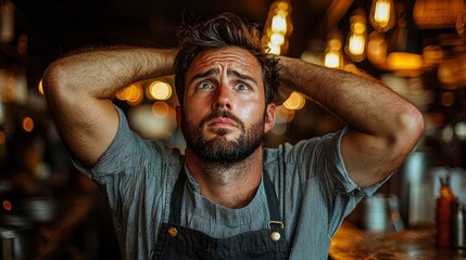 Stressed bartender in a dimly lit bar, looking up, worried