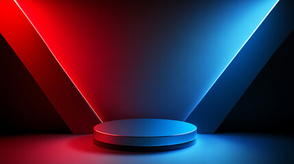 Modern abstract stage with blue and red neon light glow on dark display platform with futuristic technology background