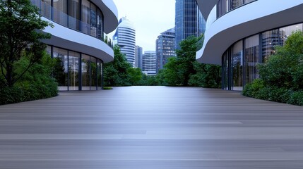 Modern city courtyard, urban oasis, architectural design, tranquil setting, business use