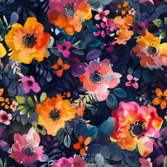 Cute multicolored flowers in dark navy and orange on a black background, watercolor seamless pattern. Watercolor print in rustic vintage style, textile or wallpapers.