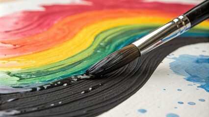 Obraz premium A vibrant brush stroke of liquid black paint blends with the swirling colors of a watercolor painting, swirling, brush stroke, mixed media, blend, watercolor
