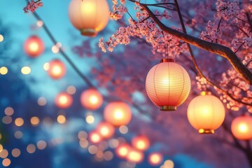 Obraz premium Softly glowing paper lanterns hang among blooming cherry blossoms, creating a serene atmosphere with a vibrant bokeh backdrop. Ideal for festive and seasonal themes