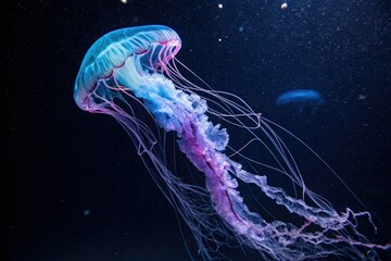 Naklejka premium A vibrant mix of blue and purple shapes suspended in mid-air with an infinite empty space around them, art, void, abstract, colorful shapes