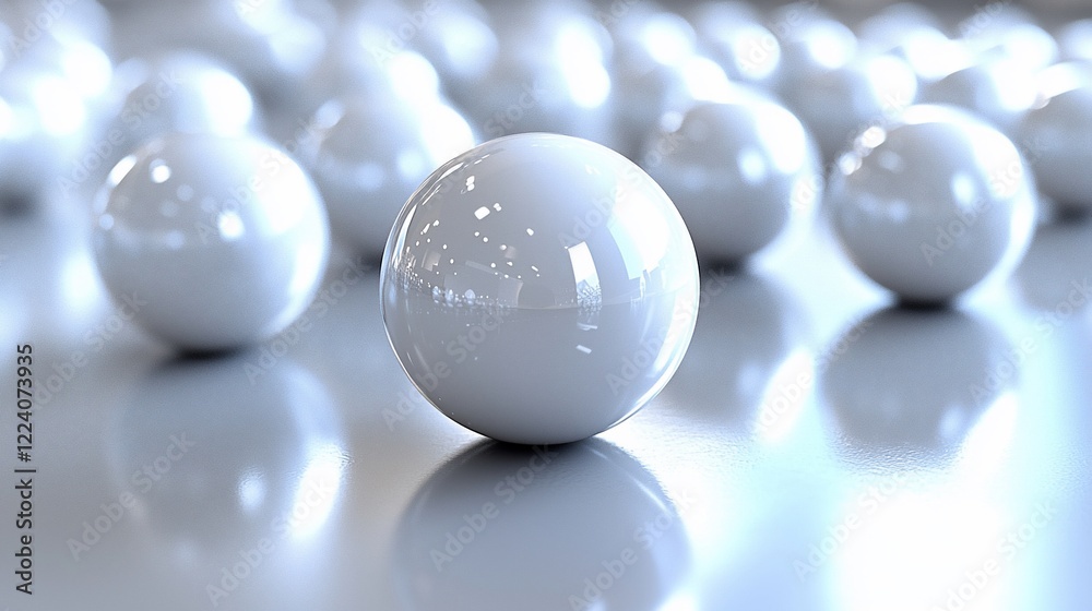 Poster close-up of many shiny white spheres on a reflective surface.