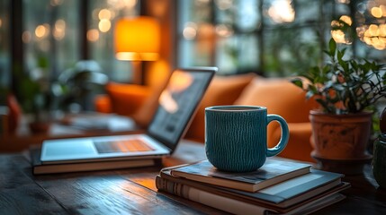 offee mug placed beside a stack of books and a desk lamp, with a laptop partially in view