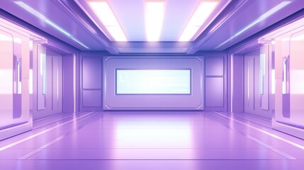 Empty room with lilac ombre walls and flooring, featuring a glowing neon vector banner with sleek, futuristic product illustrations and digital designs.