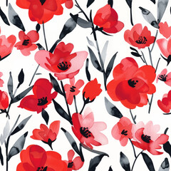 Cute red flowers watercolor seamless pattern. Watercolor print in rustic vintage style, textile or wallpapers.