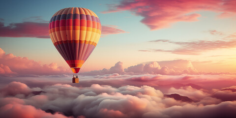 Obraz premium Colorful hot air balloon flying above clouds at sunset.