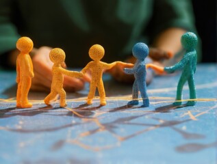 Figurine network symbolizing unity and diversity on blue surface with blurred background and person's hands.