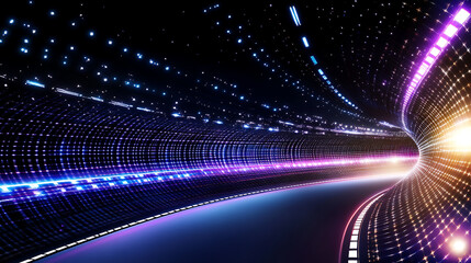 Neon glowing digital tunnel with light speed motion blur abstract technology background futuristic journey sci fi