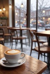 Fototapeta premium A winter morning scene in a coffee shop with a steaming hot cappuccino, steam rising, frosty window