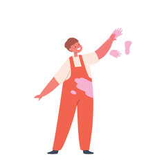 Cute Little Child With Dye Spots On Clothes Painting With Hands On Wall. Happy Childhood, Mess, Talented Baby