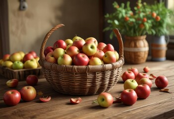 A wooden table with an assortment of apples in a decorative basket , rustic, floral pattern