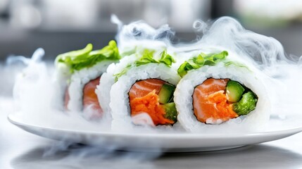 Sushi rolls filled with fresh salmon and vegetables emit a captivating smoke effect, enhancing the dining atmosphere at a modern restaurant