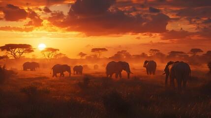 Fototapeta premium Elephants silhouettes at sunset, majestic herd moving across savanna, warm hues create serene wildlife scene, ample copy-space.