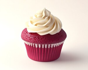 A scrumptious red cupcake featuring a swirl of white cream isolated on a clean white background