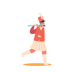 Happy Girl in Red Uniform Play Festival Music With Flute during Parade March, Fair or School Concert Vector Illustration