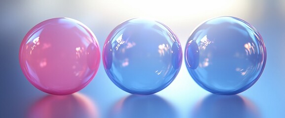 Three translucent spheres in pink and blue hues on a reflective surface.