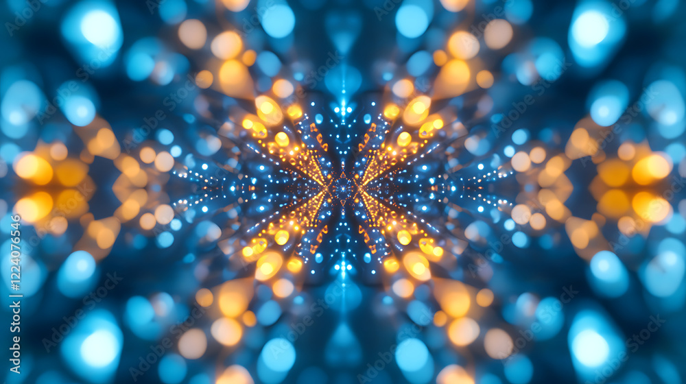 Wall mural abstract kaleidoscope pattern with glowing blue and orange light effect creating symmetrical fractal