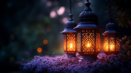 Obraz premium Illuminated Moroccan Lanterns Amidst Evening Flowers