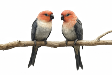 Two birds sitting on a branch, one of them is green and the other is red