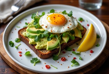 Avocado Toast Plate, Poached Egg, Chili Flakes, Microgreens, Lemon Wedge, Photorealistic, Isolated, Multigrain, Gourmet Breakfast, Hyperdetailed Food Scene.
