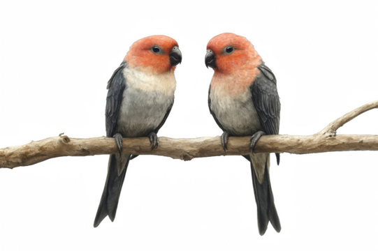 Two birds sitting on a branch, one of them is green and the other is red