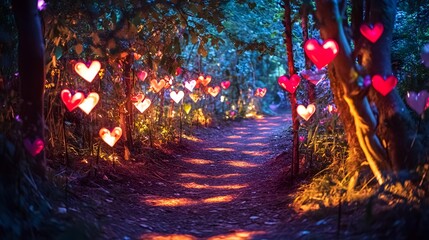 Magical forest scene with glowing heart lanterns, vibrant colors, whimsical atmosphere perfect for romance or fantasy themes.