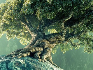A large tree with a thick trunk and many branches. The tree is surrounded by rocks and he is in a natural setting. Concept of strength and resilience, as the tree stands tall