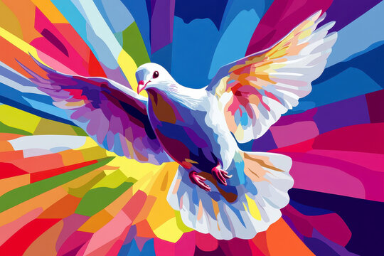 Peaceful dove flying with a colorful style in wpap pop art.
