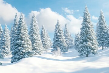 Fototapeta premium A snowy landscape with a large group of pine trees. The trees are covered in snow and the sky is clear and blue. The scene gives off a peaceful and serene feeling