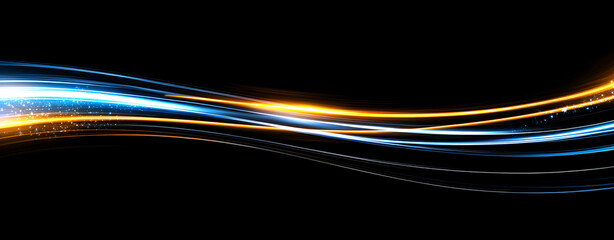 Smooth glowing blue orange light wave abstract black background electric motion trail
