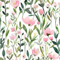 Cute pink wildflowers and green leaves watercolor seamless pattern. Watercolor print in rustic vintage style, textile or wallpapers.